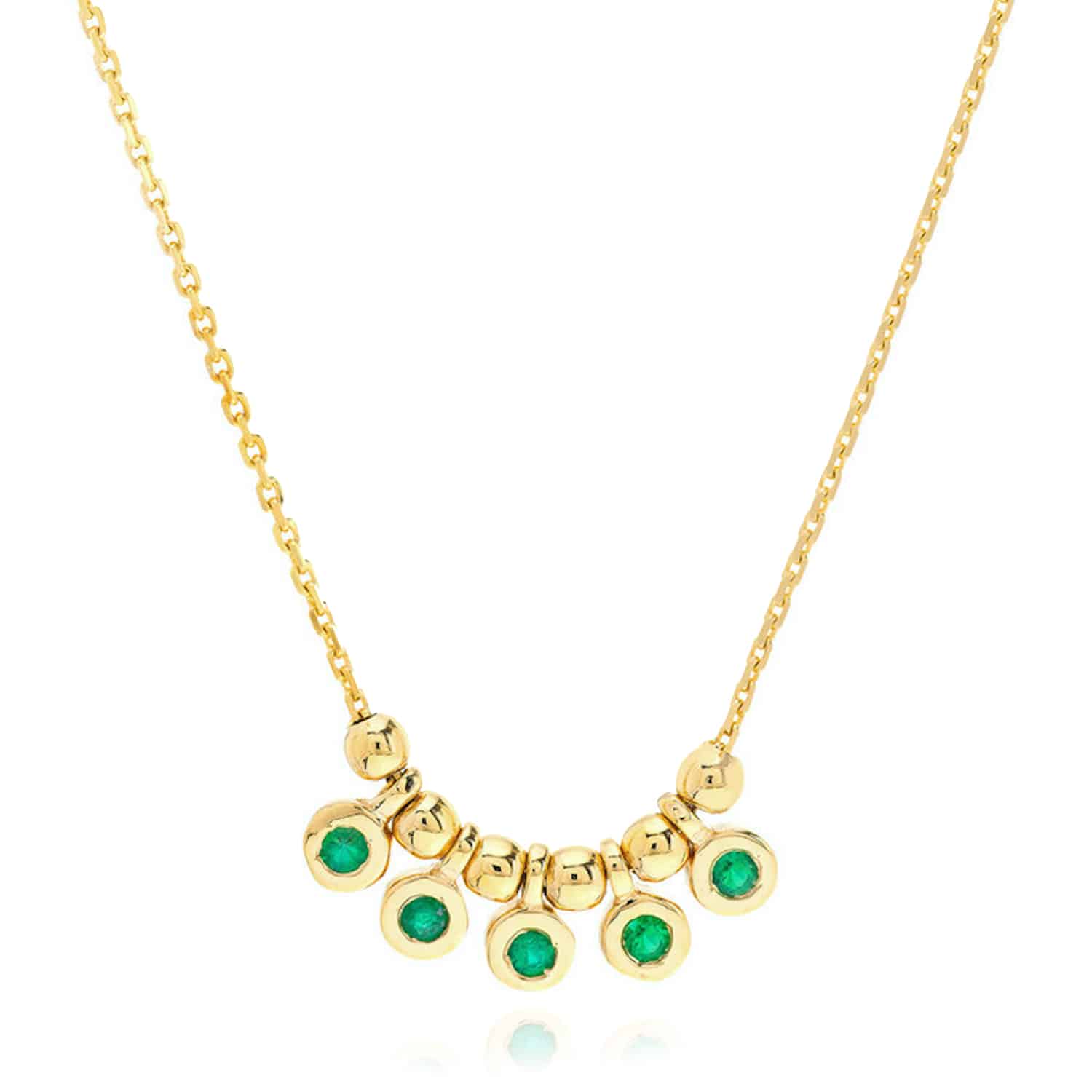 14K Yellow Gold Mini Ruby Emerald Bezel Bead Station Necklace 16"-18" Adjustable - Emerald