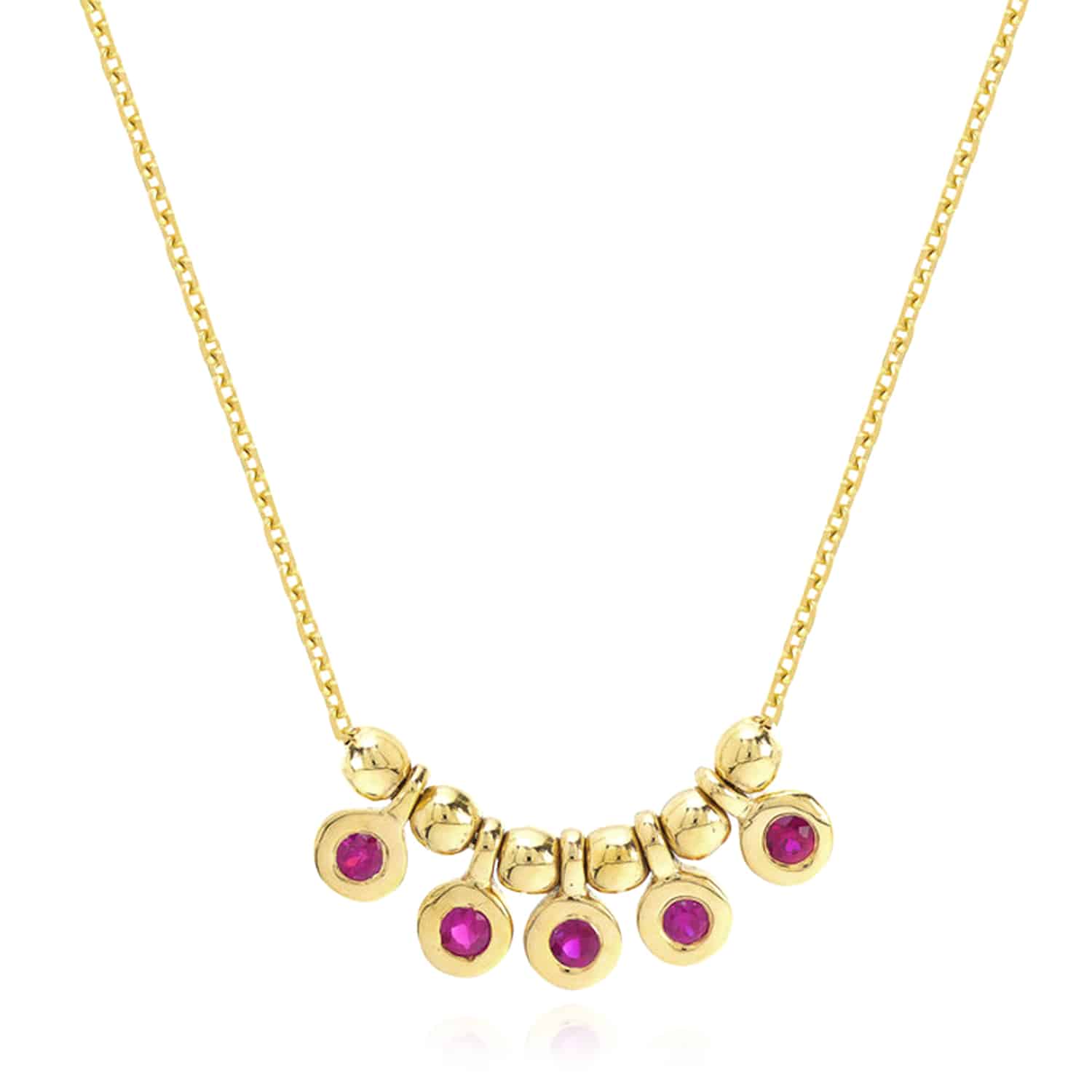 14K Yellow Gold Mini Ruby Emerald Bezel Bead Station Necklace 16"-18" Adjustable - Ruby