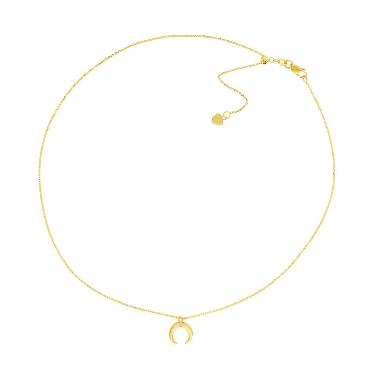 Natural Diamond 14K Yellow Gold Drop Horn Pendant Choker Necklace 14"-16" Adjust