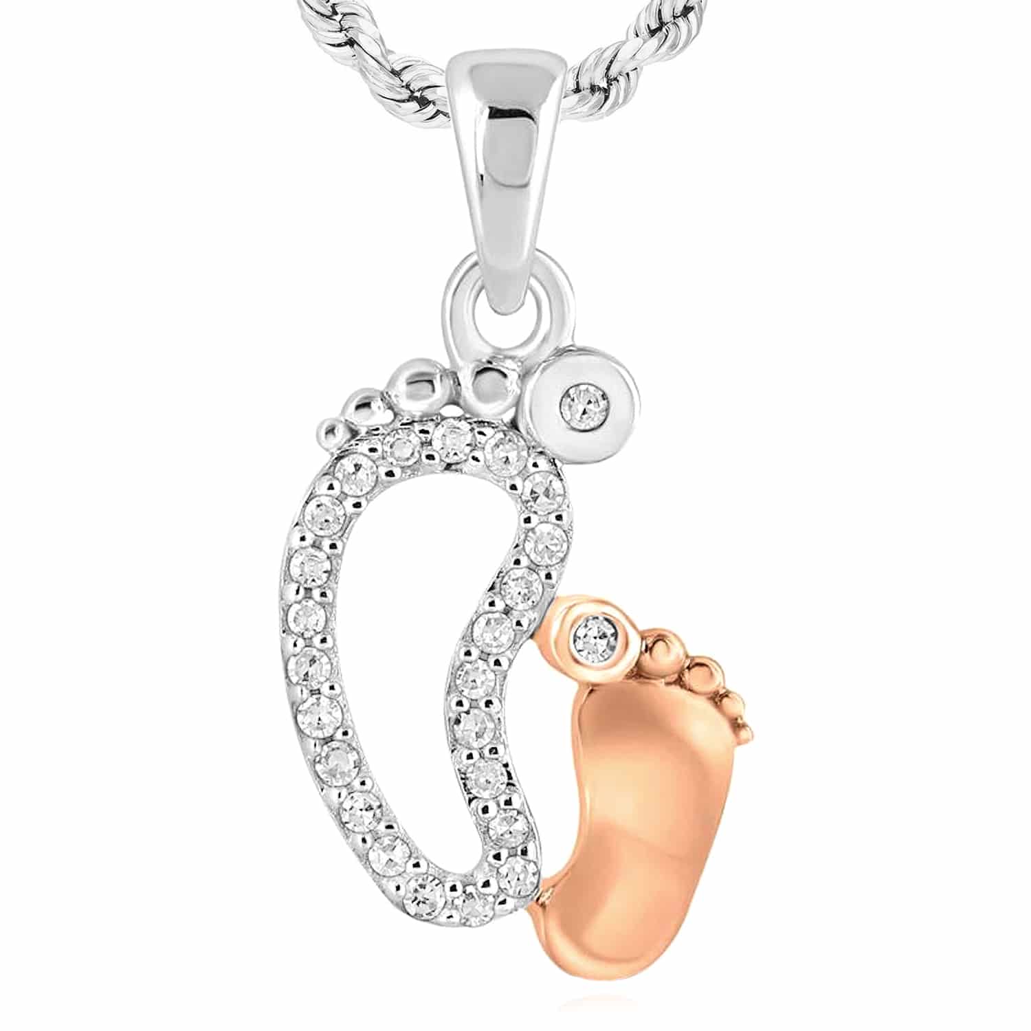 .08CTW Natural Diamond 10K Gold White Yellow Rose Mother Child Footprint Pendant - Two-Tone Gold