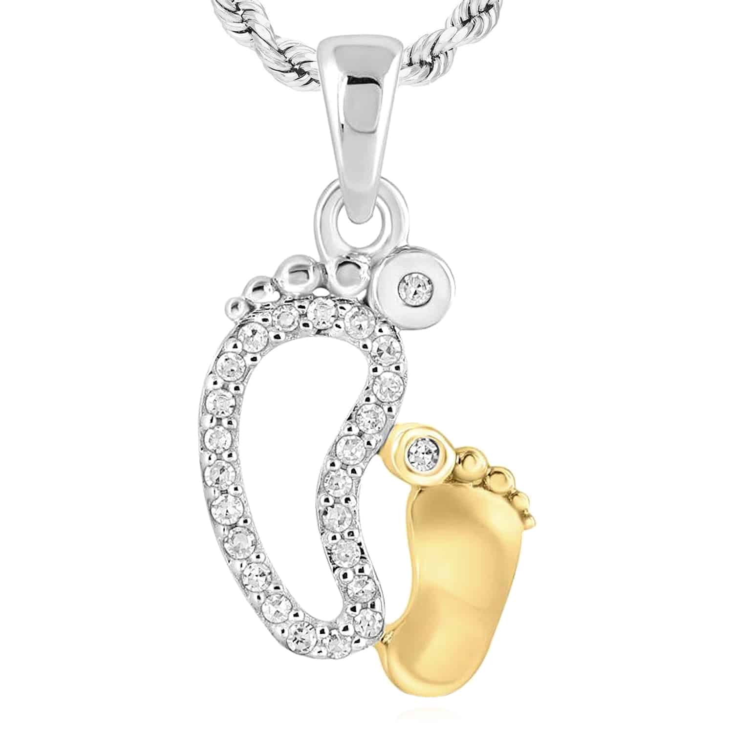 .08CTW Natural Diamond 10K Gold White Yellow Rose Mother Child Footprint Pendant - Yellow Gold