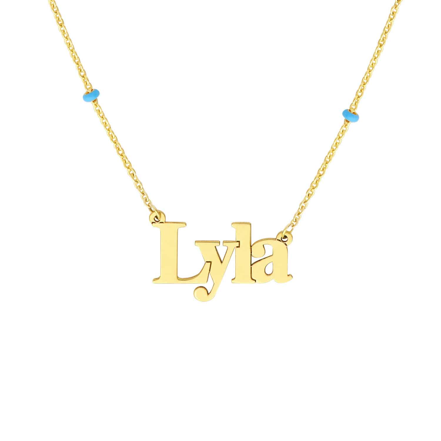 Personalized 14K Yellow Gold Turquoise Station Beads Nameplate Pendant Necklace