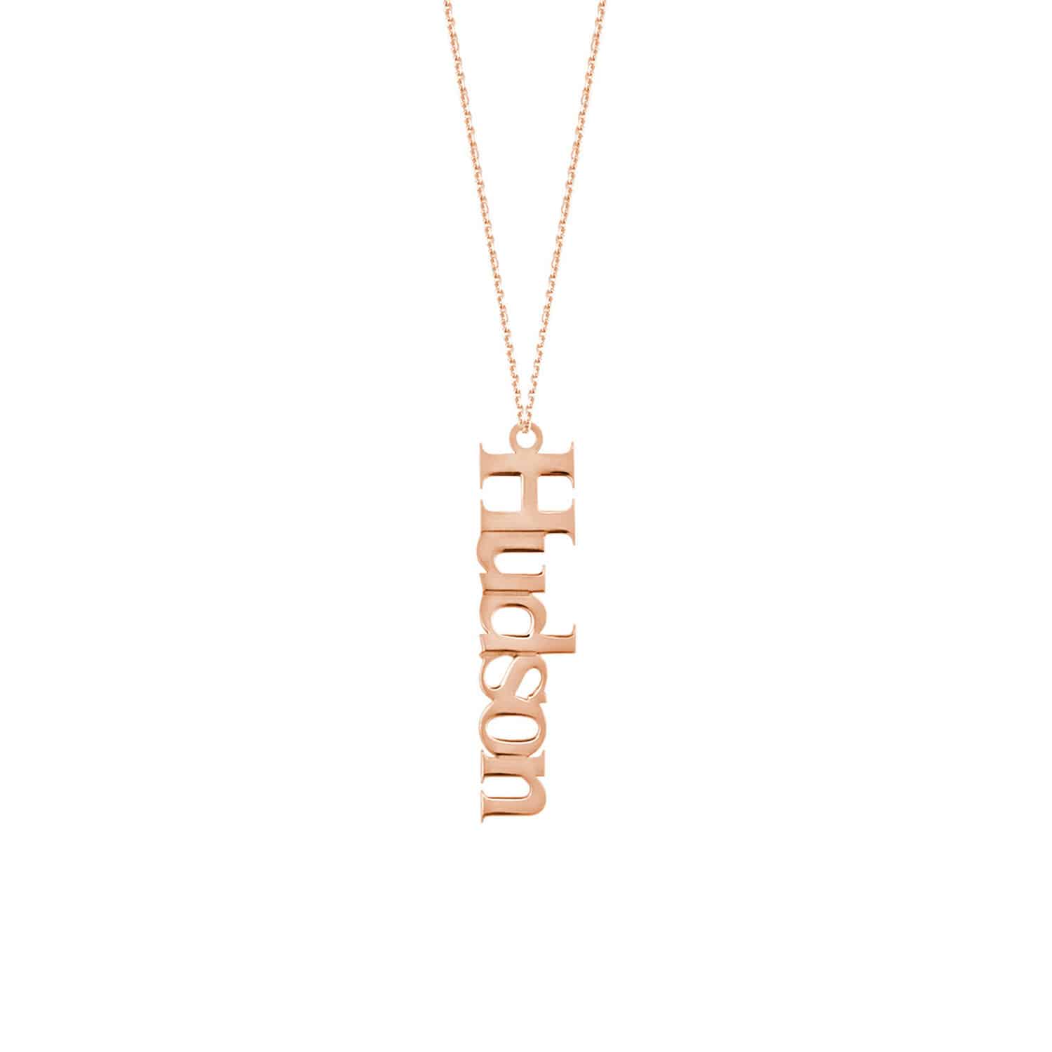 Customizable 14K Gold Yellow White Rose Vertical Nameplate Pendant Necklace - Rose Gold, 16"-18" Adjustable
