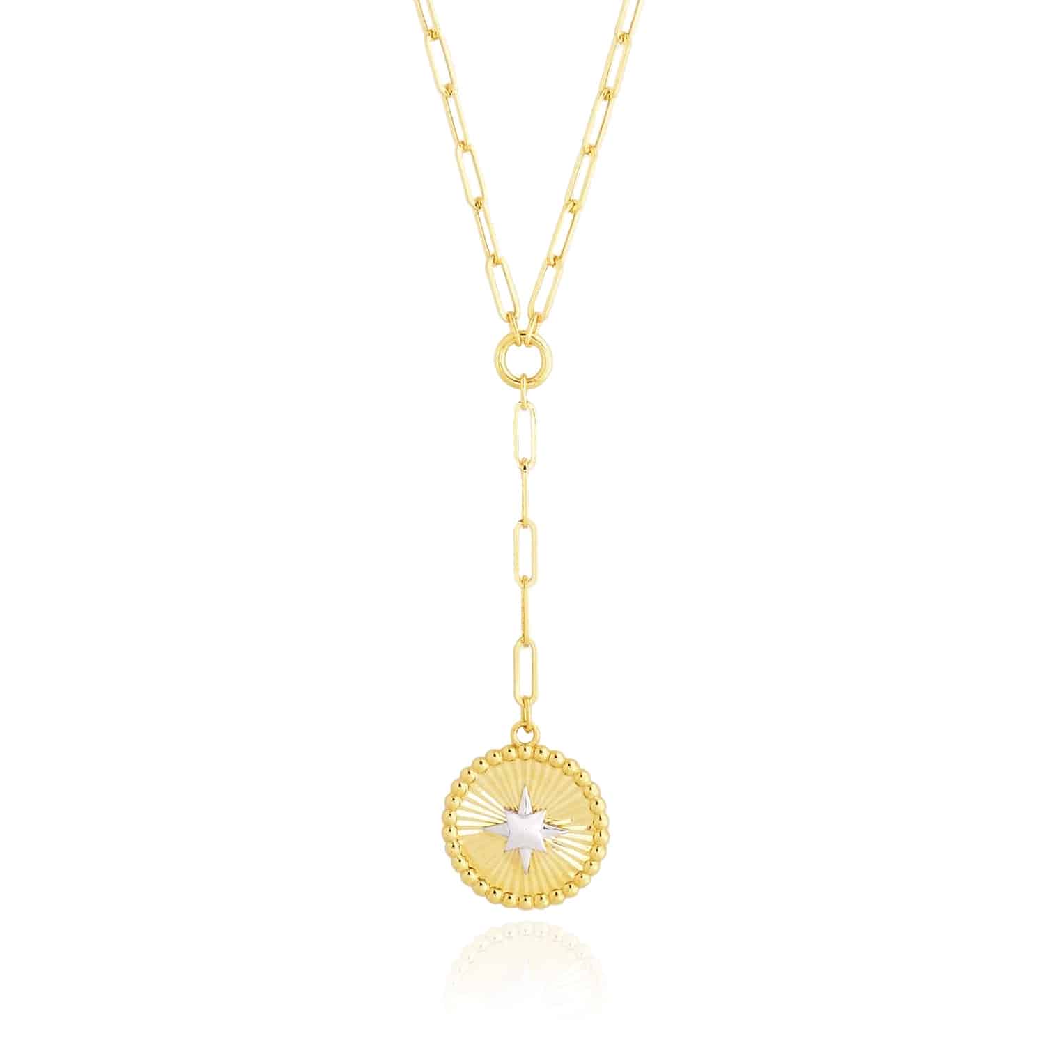 14K Gold Two-Tone Yellow White Star Round Medallion Lariat Pendant Necklace 18"