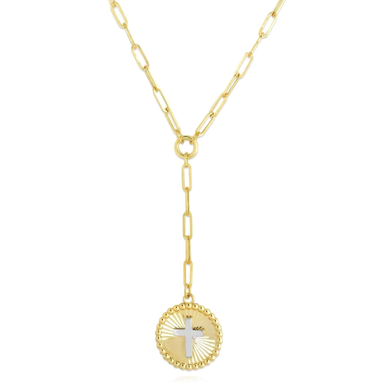 14K Gold Two-Tone Yellow White Cross Round Medallion Paperclip Necklace 18"