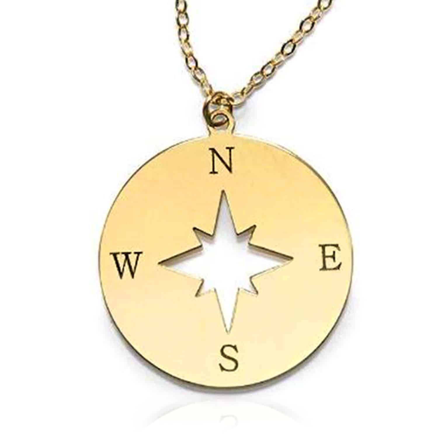 14K Yellow Gold Compass Rose Disc North Star Round Pendant Cable Necklace 18"