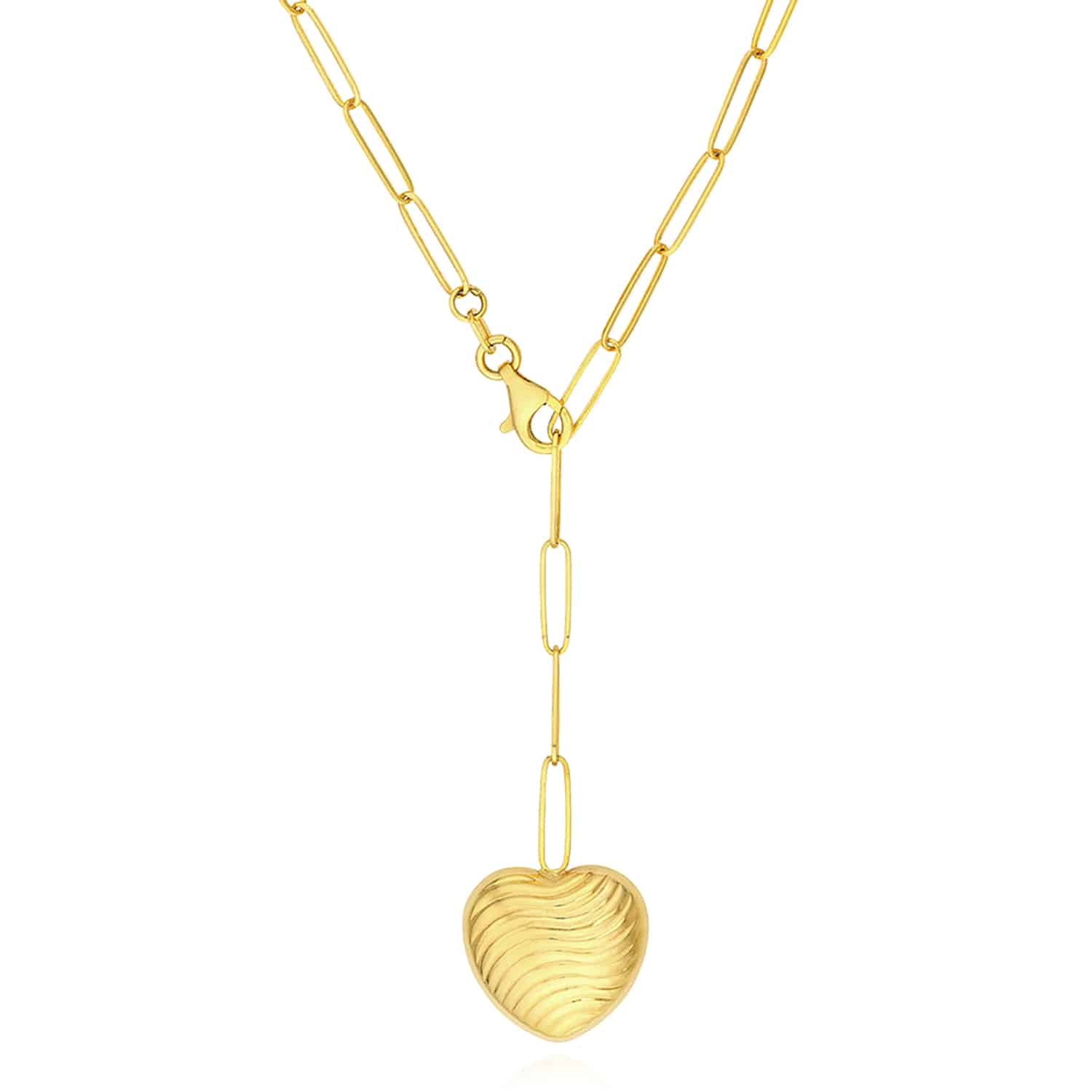 14K Yellow Gold 2.6mm Paperclip Wavy Texture Puff Heart Pendant Necklace 19.5"