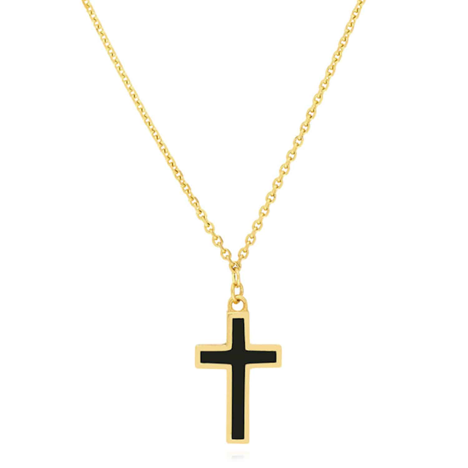 14K Yellow Gold Cable Turquoise Enamel Cross Pendant Necklace 16"-18" Adjustable - Black