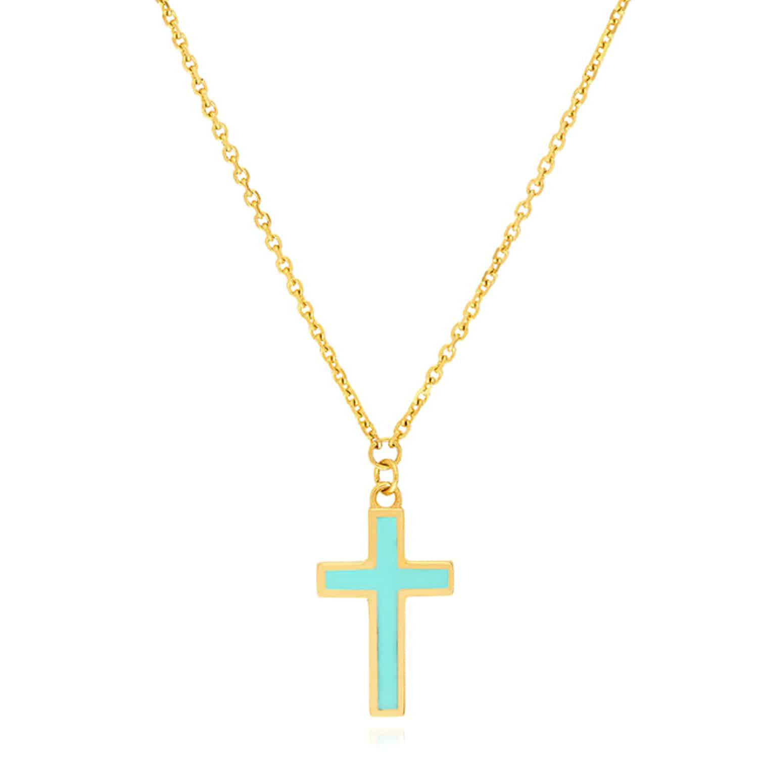 14K Yellow Gold Cable Turquoise Enamel Cross Pendant Necklace 16"-18" Adjustable - Turquoise