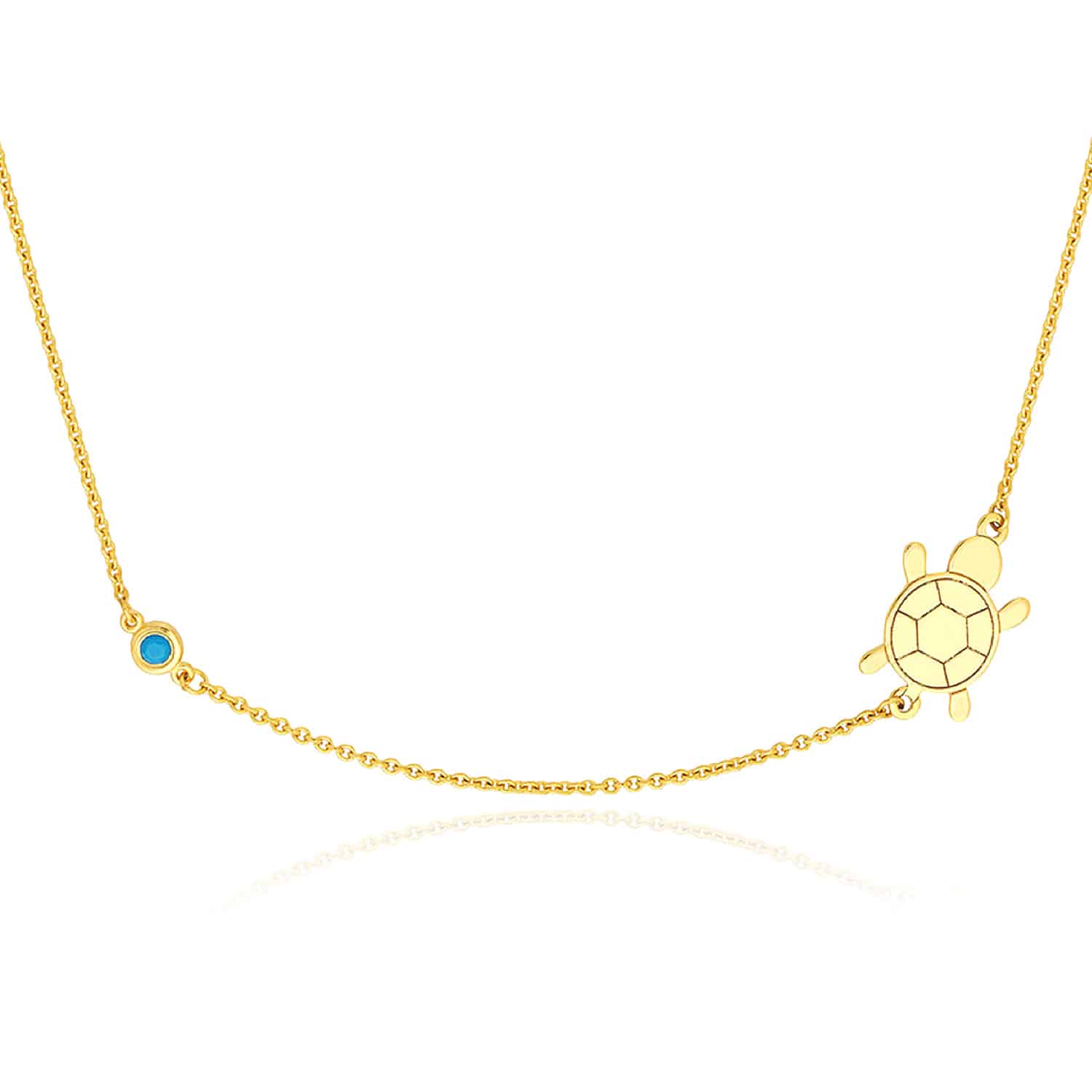 14K Yellow Gold Sideways Turtle Turq Bezel Pendant Necklace 16"-18" Adjustable
