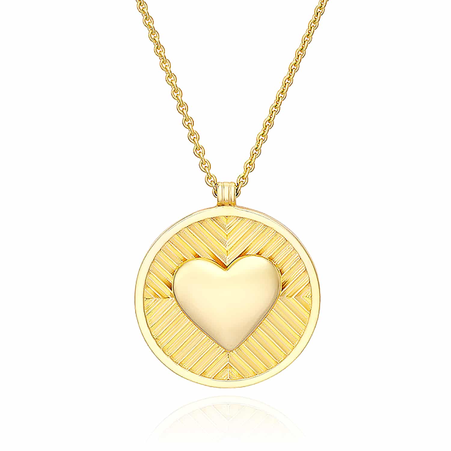 14K Yellow Gold Chevron Heart Round Medallion Pendant Necklace 16-18" Adjustable