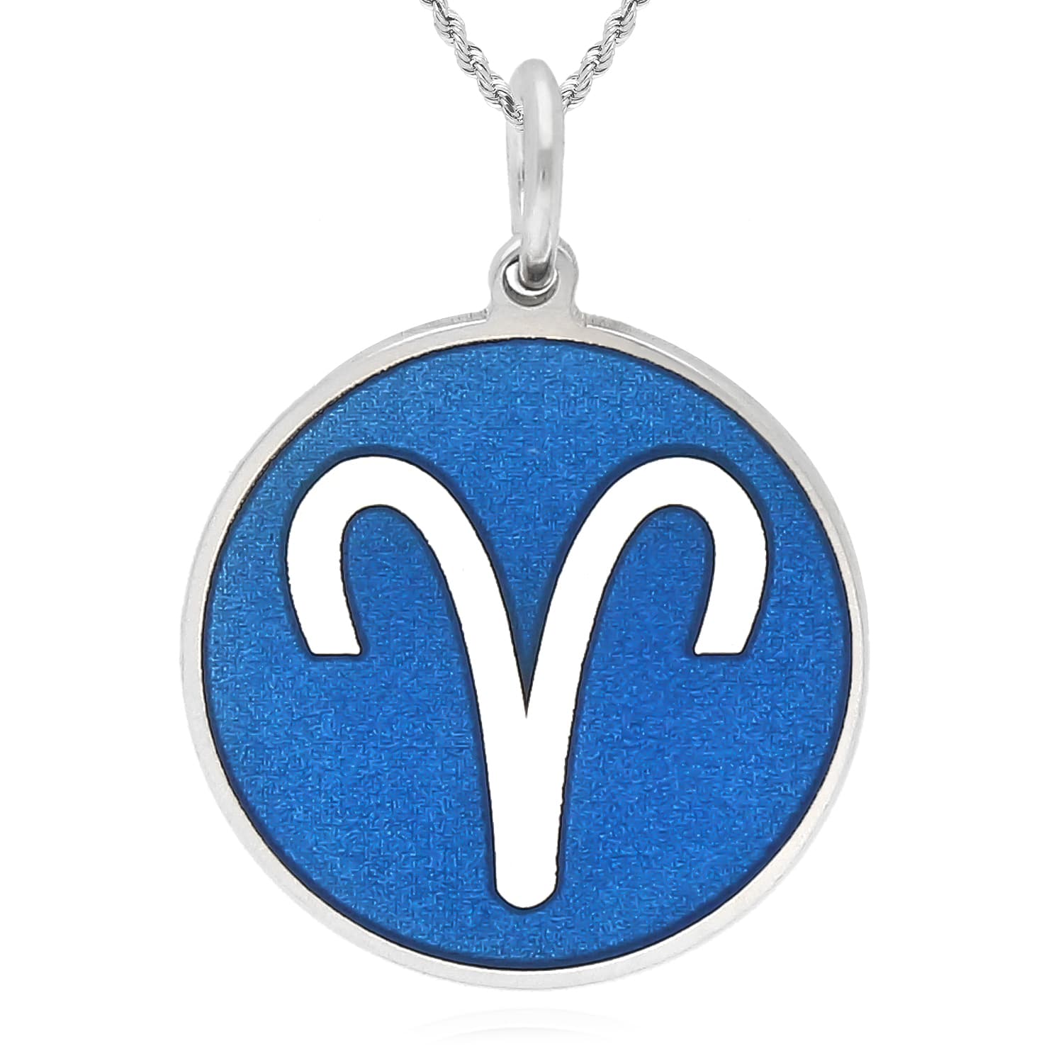 Sterling Silver Round Blue Zodiac Signs Pendant 0.7" - Aries