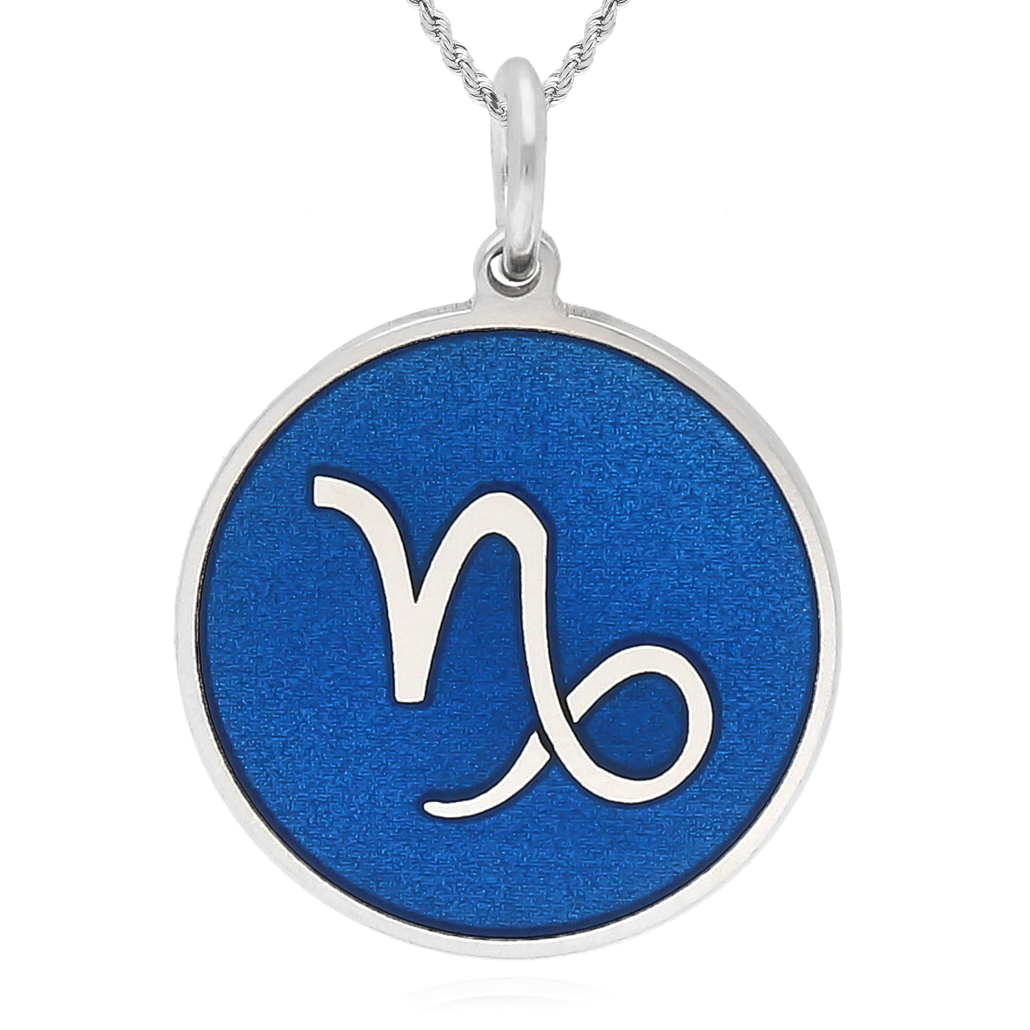 Sterling Silver Round Blue Zodiac Signs Pendant 0.7" - Capricorn