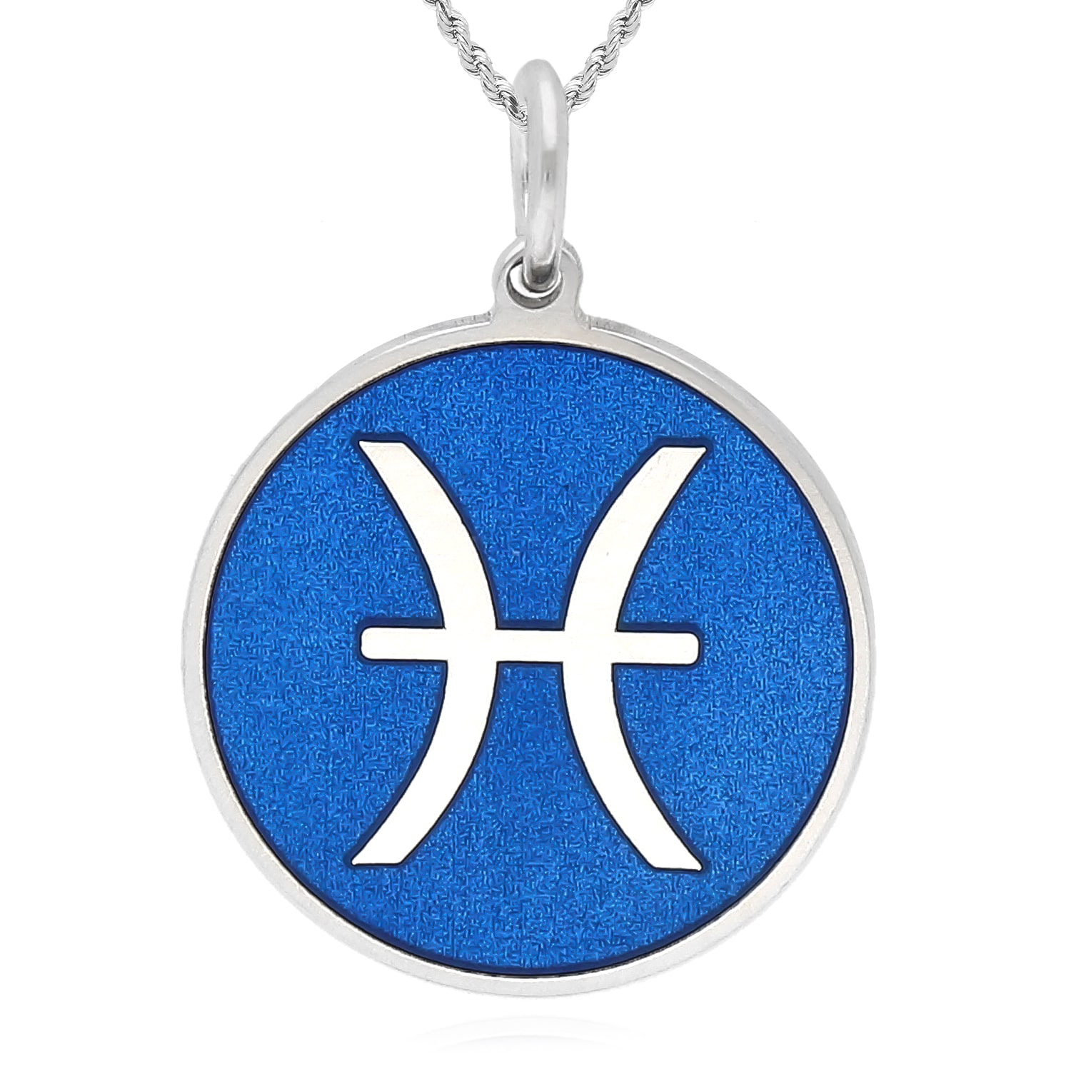 Sterling Silver Round Blue Zodiac Signs Pendant 0.7" - Pisces