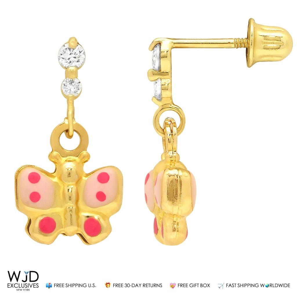 0.20Ct Created Diamond Butterfly Dangle Stud Earrings 14K Yellow Gold 0.6"