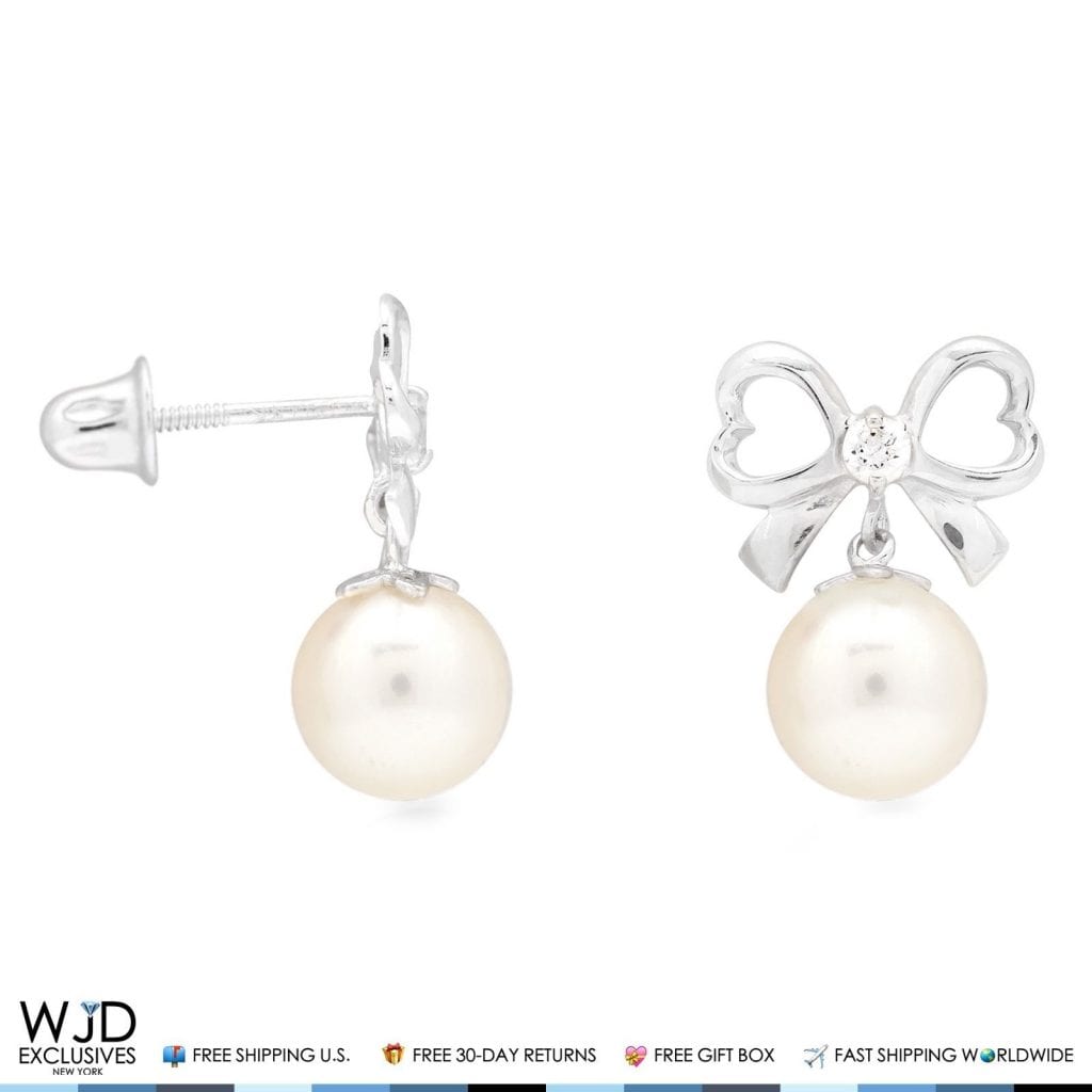 14K White Gold 0.10Ct Created Diamond Bow Tie Pearl Dangle Stud Earrings 0.6"