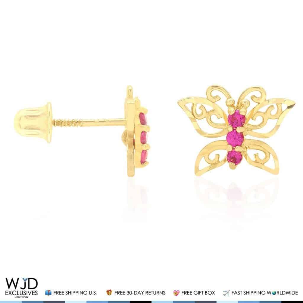 Kid's 14K Yellow Gold Simulated Ruby Butterfly Screwback Stud Earrings