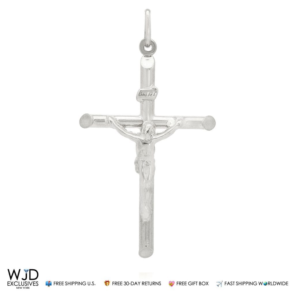 Solid 14k White Gold INRI Jesus Crucifix Cross Religious Charm Pendant 2"