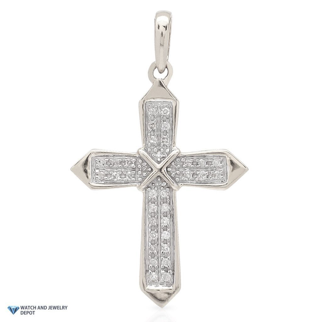 0.10CT Natural Diamond Solid 10k White Gold Cross Religious Pendant 1"