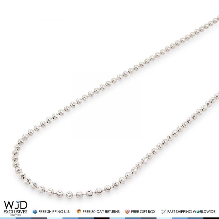 Solid 14K White Gold 2mm Moon Cut Bead Ball Chain Necklace 18″-28 ...