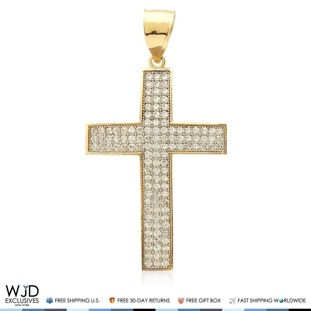 14k Yellow Gold 1.30Ct Simulated Diamond Pave Cross Religious Charm Pendant