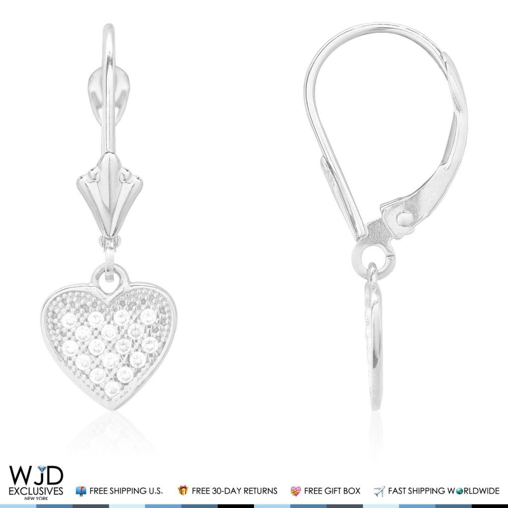 14K White Gold 1.50Ct Created Diamond Pave Heart Dangle Leverback Earrings 1"