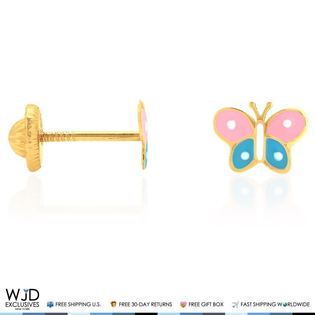 14K Yellow Gold Baby Children Screw-Back Butterfly Earrings Enamel Pink Or Blue