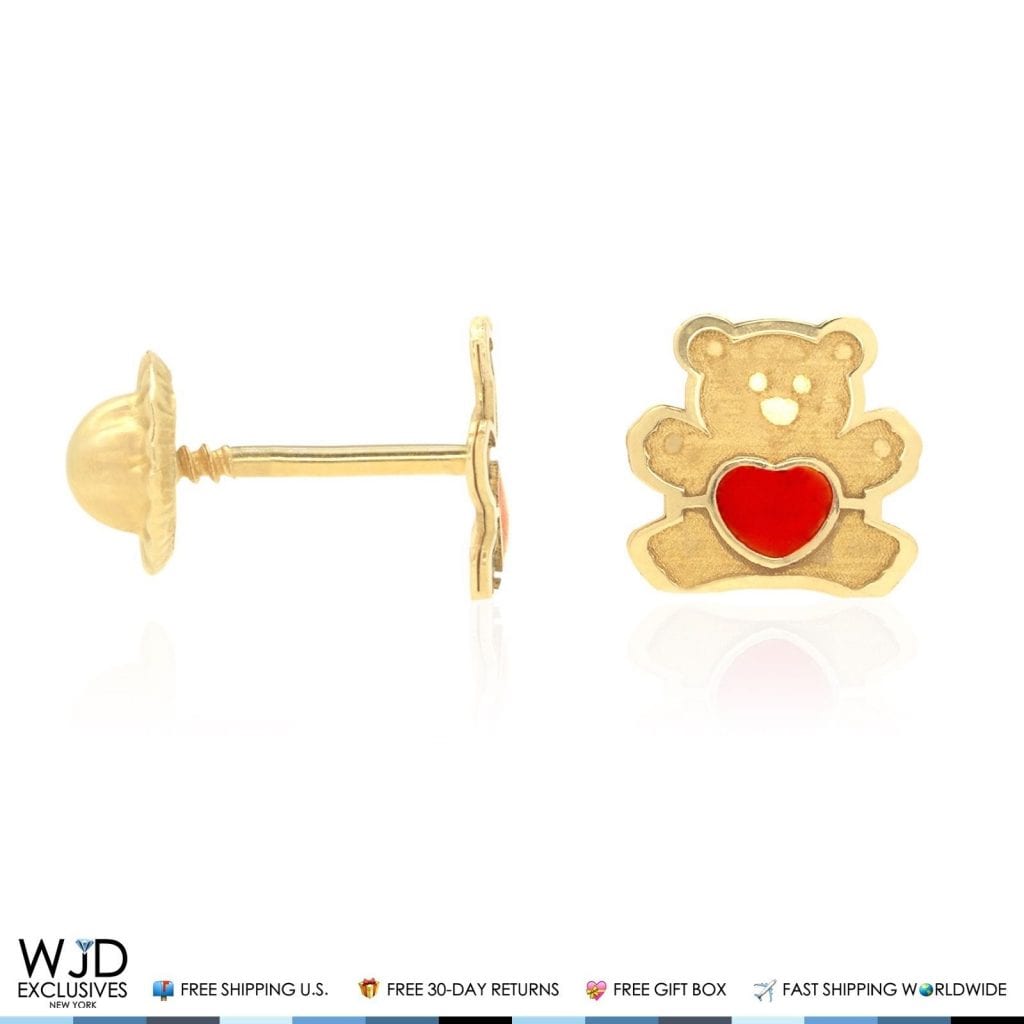 14K Solid Yellow Gold Red Enamel Heart Teddy Bear Baby Screwback Stud Earrings