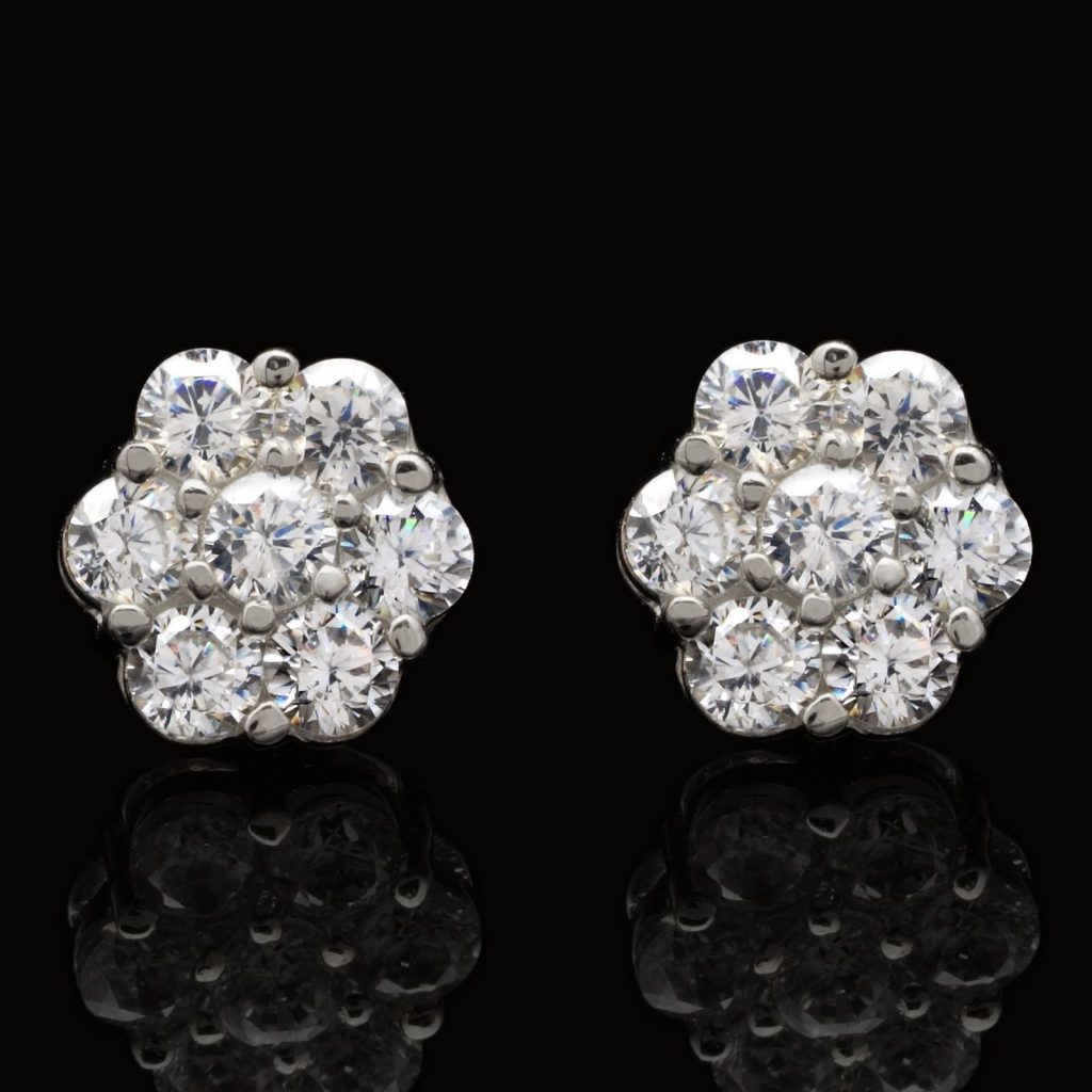 14k White Gold Mens/Ladies Round Diamond Flower Cluster Studs Earrings 8mm