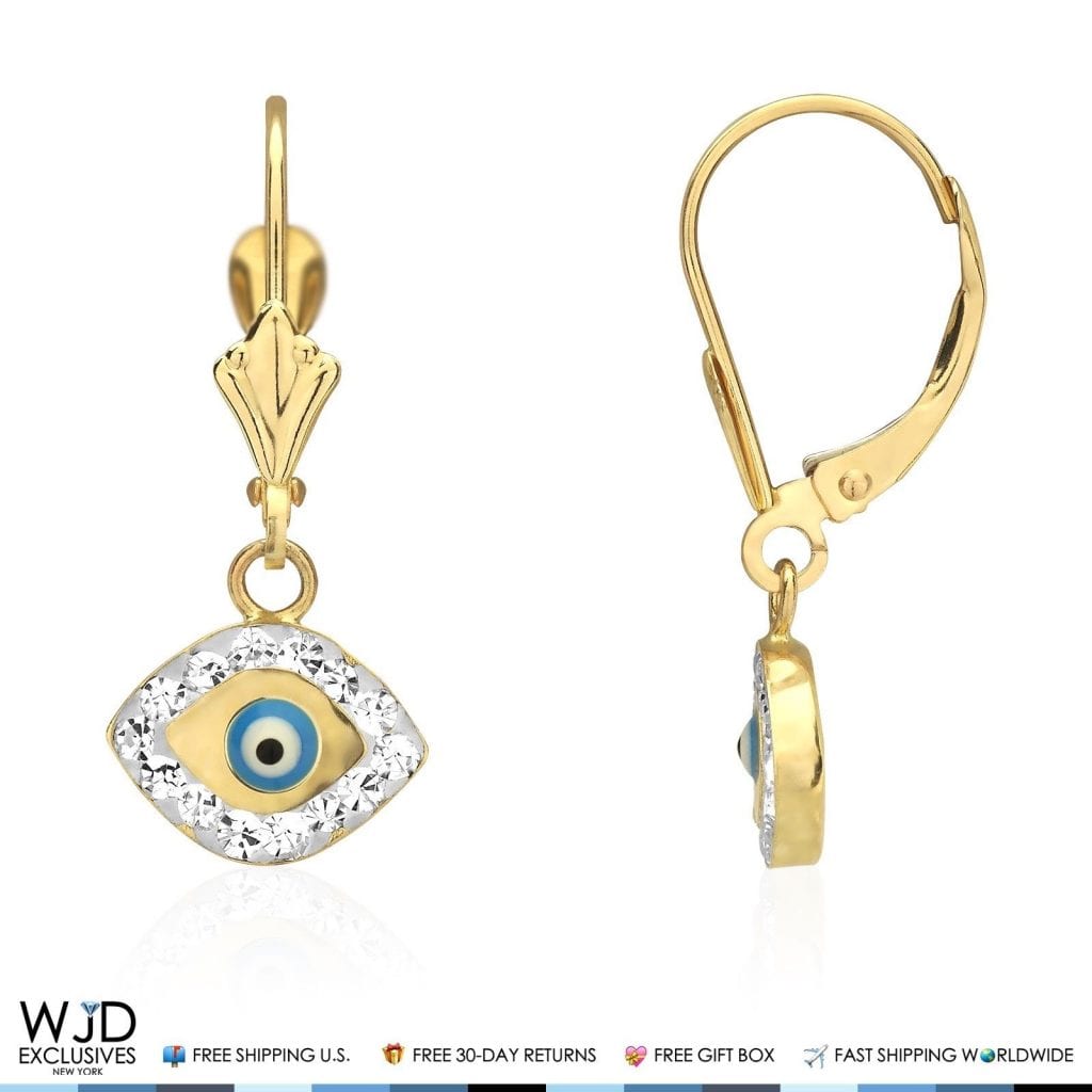 0.50Ct Created Diamond 14K Yellow Gold Sky Blue Evil Eye Dangle Earrings