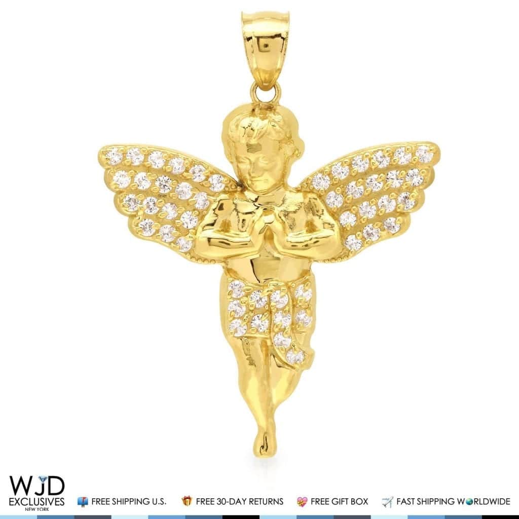 14K Solid Yellow Gold Simulated Diamond Religious Baby Angel Charm Pendant - Large