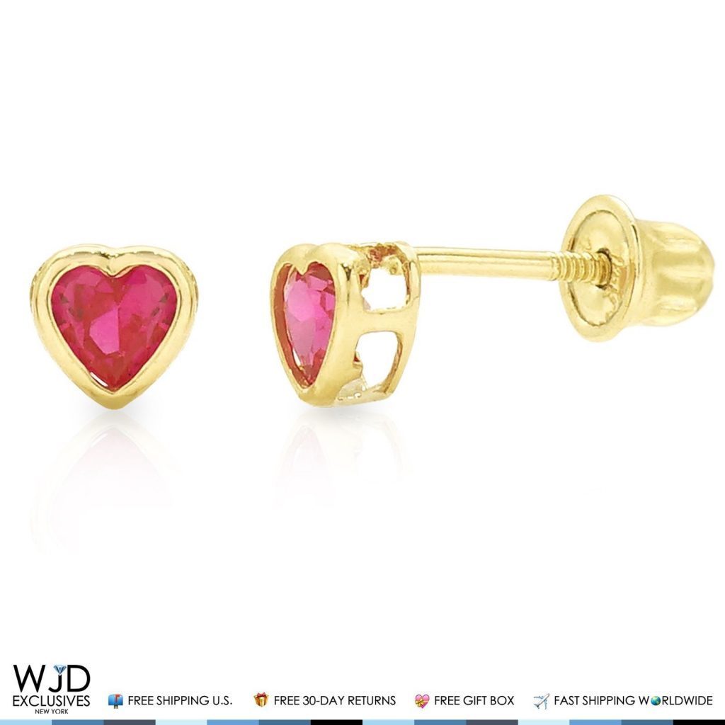 14K Yellow Gold Heart Bezel Simulated Ruby Screwback Stud Earrings 4mm