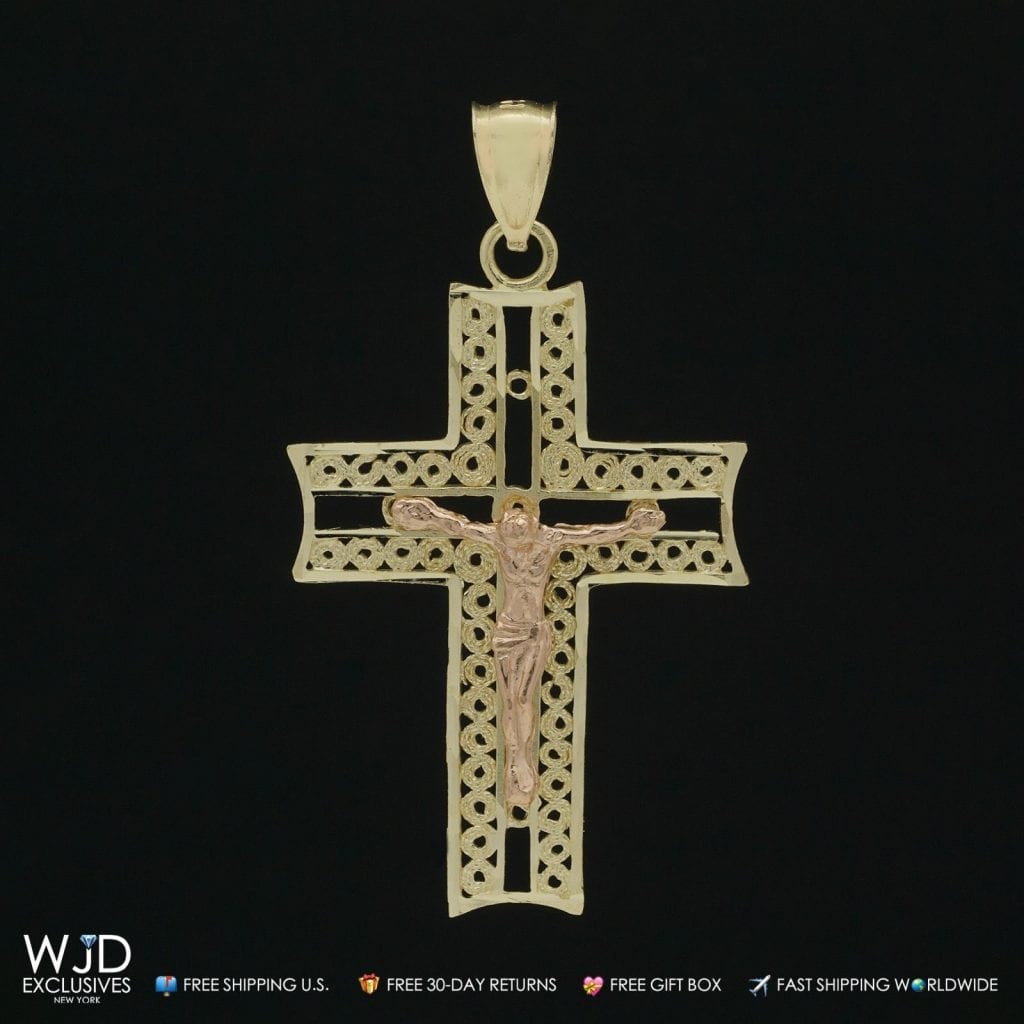 14k Solid Yellow And Pink Gold Jesus Crucifix Cross Religious Charm Pendant 2"
