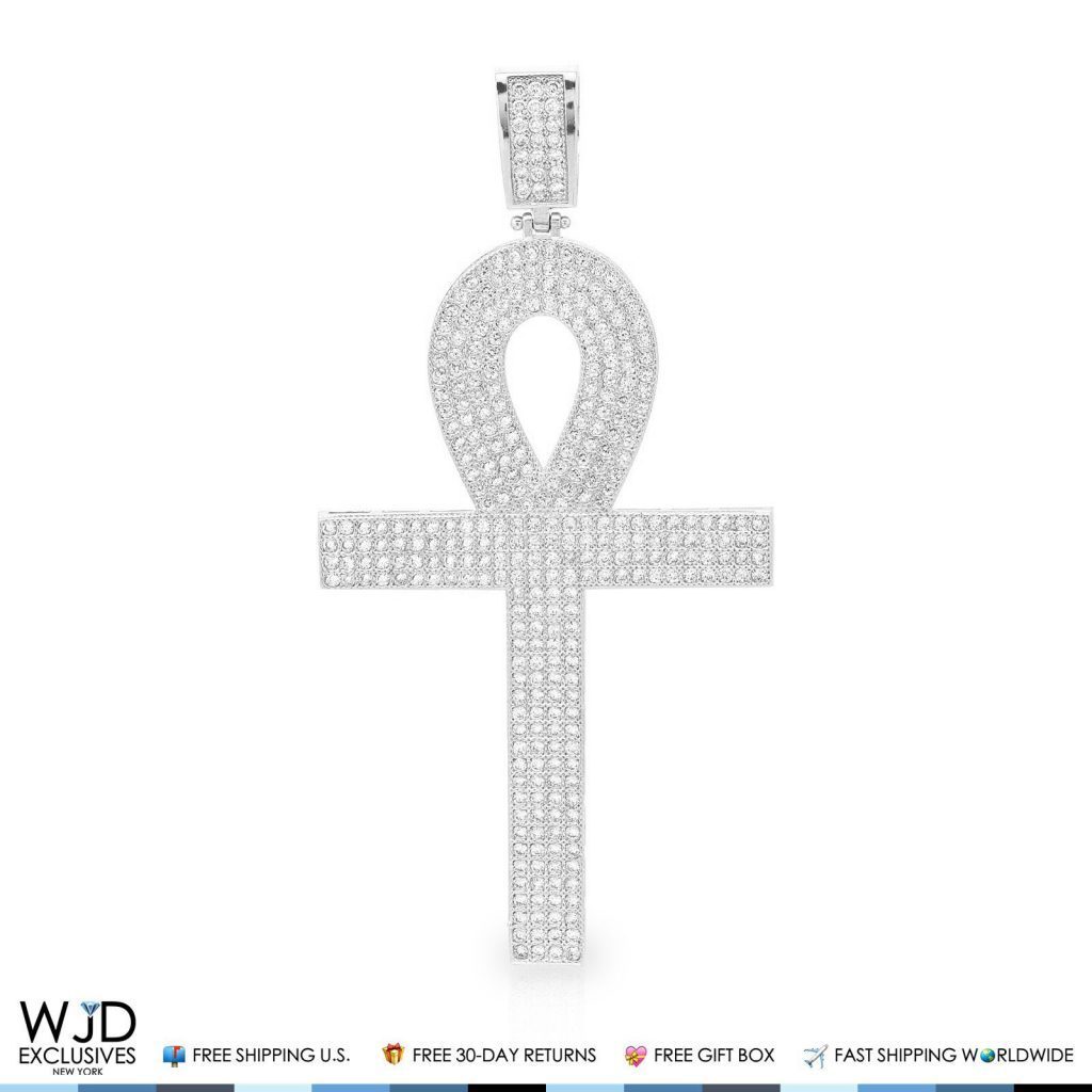 3Ct Created Diamond Egyptian Ankh Cross Religious Charm Pendant 14k White Gold
