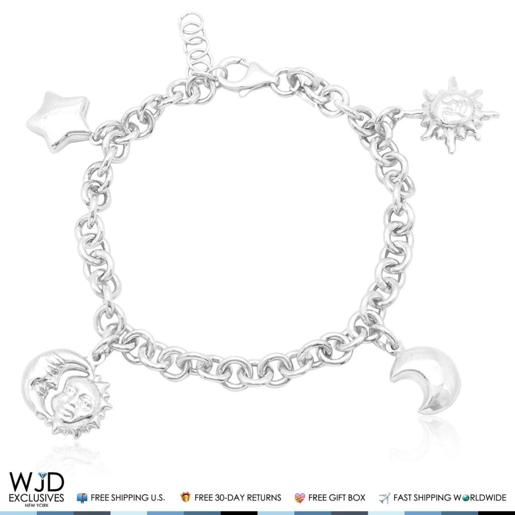 925 Sterling Silver Belcher Charm Bracelet With Puffed Star Adjustable 6"-8" 