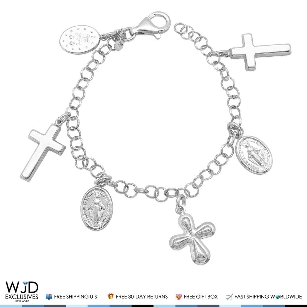 925 Sterling Silver Rolo Chain Cross Virgin Mary Religious Charm Bracelet 8"