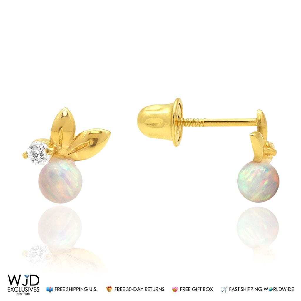 0.05Ct Created Diamond White Fire Opal Leaf Ball Stud Earrings 14K Yellow Gold