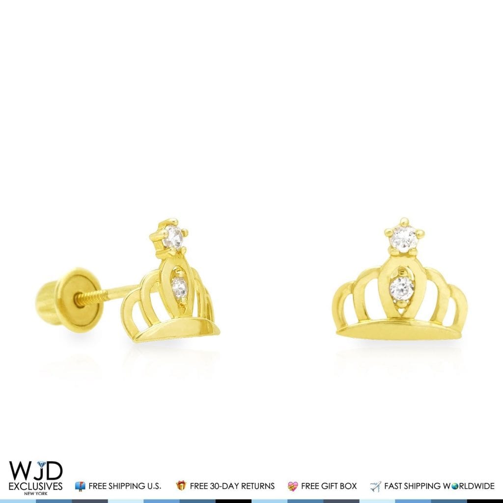 14K Yellow Gold 0.20Ct Created Diamond Crown Screw Back Stud Earrings 7mm