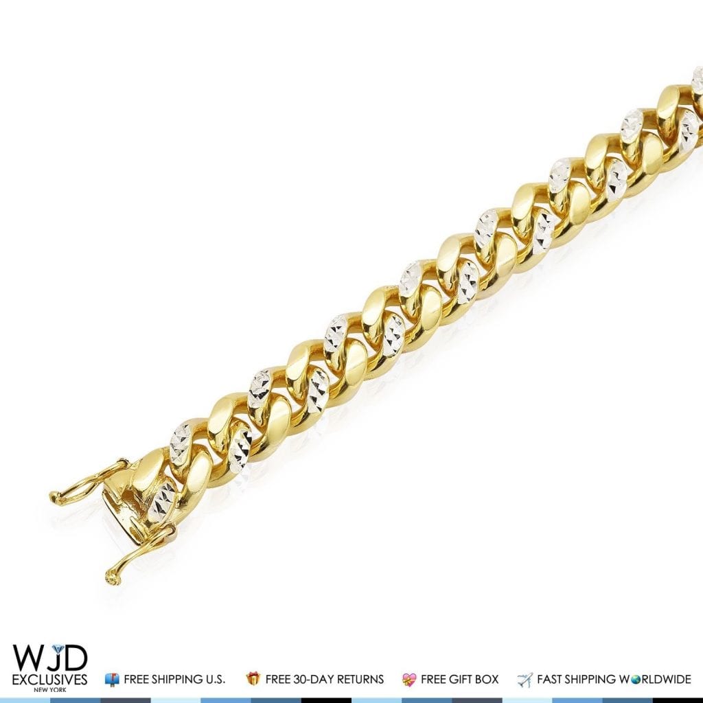 Yellow Gold Over Silver 11mm Wide Diamond Cut Miami Cuban Link Chain