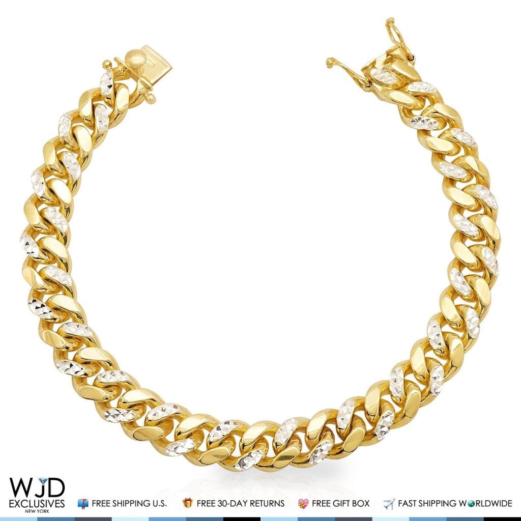 Yellow Gold Over Silver 11mm Diamond-Cut Miami Cuban Chain Bracelet 9"
