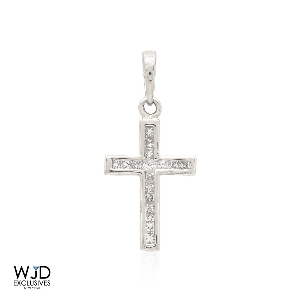 0.30CT Natural Diamond Princess Cut 10k White Gold Cross Religious Charm Pendant
