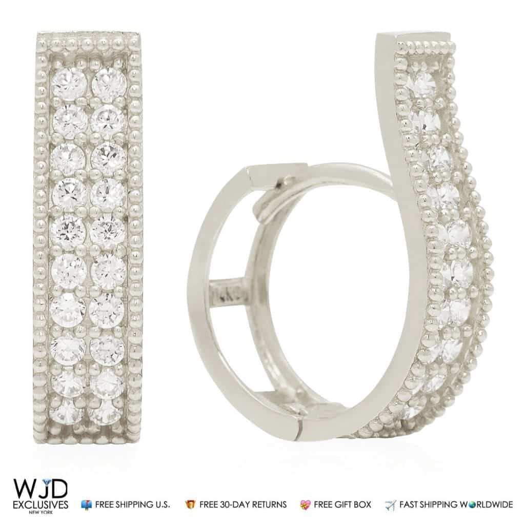 0.80Ct Double-Row Created Diamond Huggie Hoop Wavy Earrings 14K White Gold 0.7"