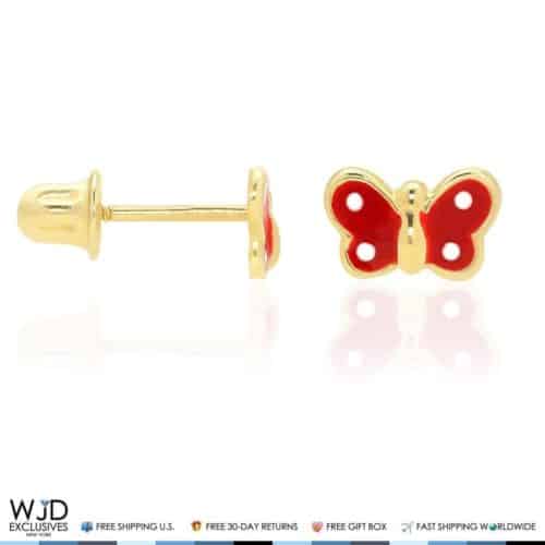 14K Solid Yellow Gold Red Enamel Small Ladybug Screw Back Stud Earrings 6mm