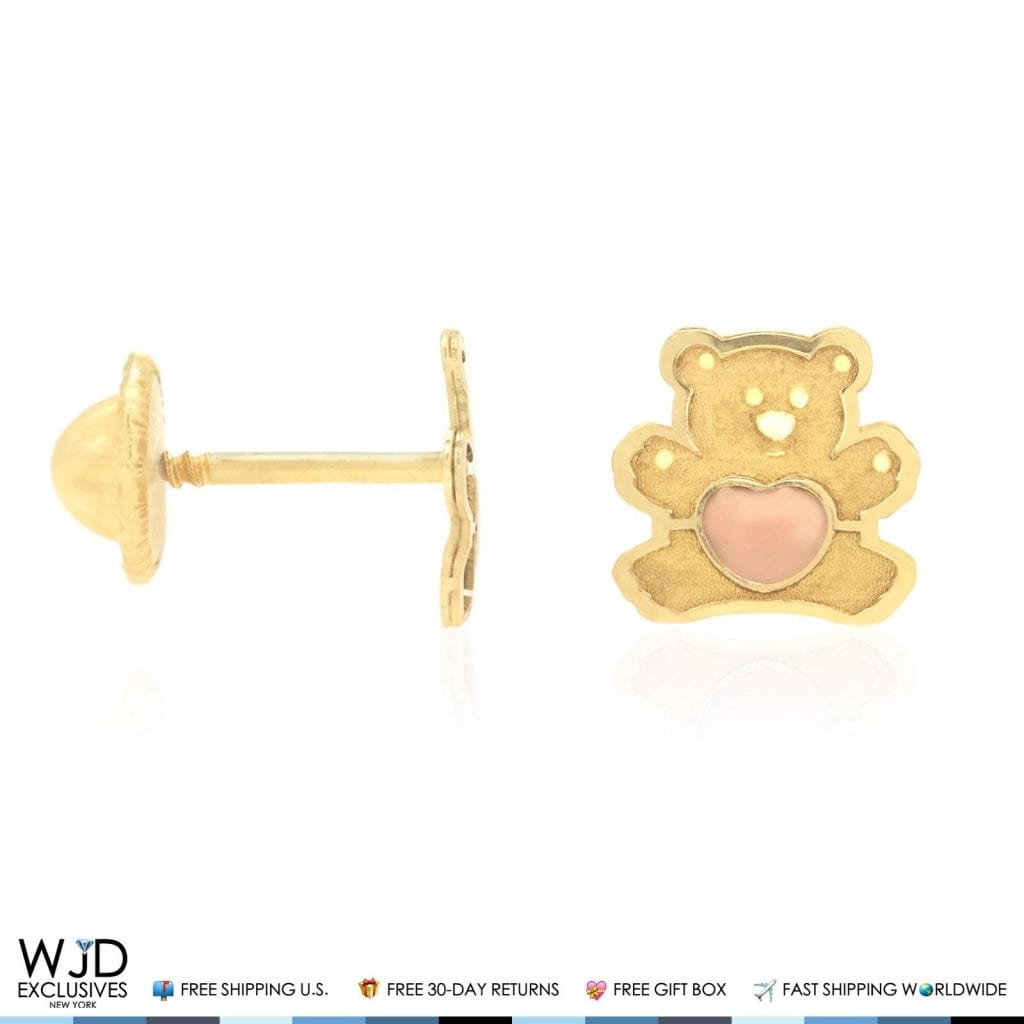 Solid 14K Yellow Gold Pink Enamel Heart Teddy Bear Baby Screwback Stud Earrings
