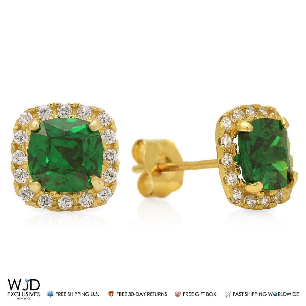 1.85Ct Created Diamond & Emerald 14K Yellow Gold Square Halo Stud Earrings 6mm