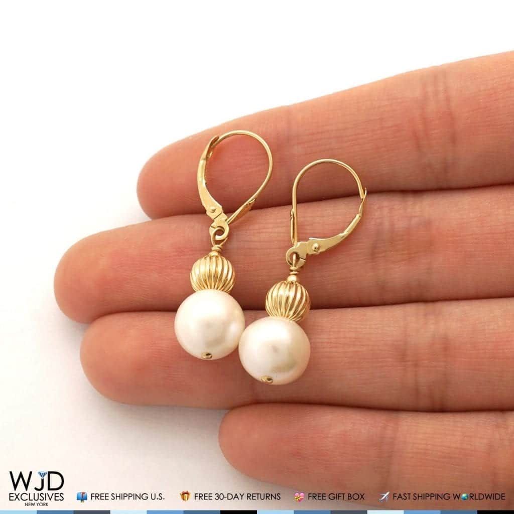 14K Solid Yellow Gold Ball 9mm Natural Pearl Dangle Drop Leverback Earrings