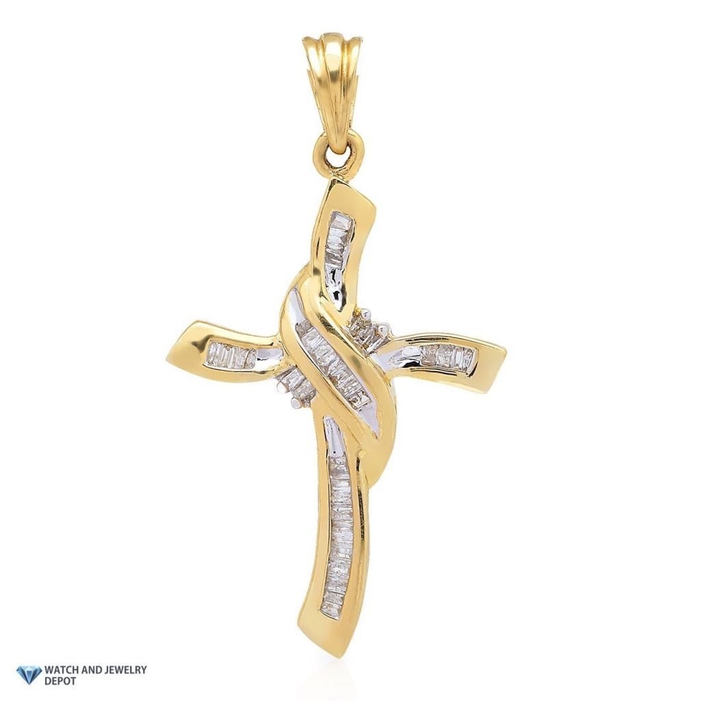 .4Ct Natural Diamond Baguette 10k Solid Yellow Gold Religious Cross Pendant 1.5"