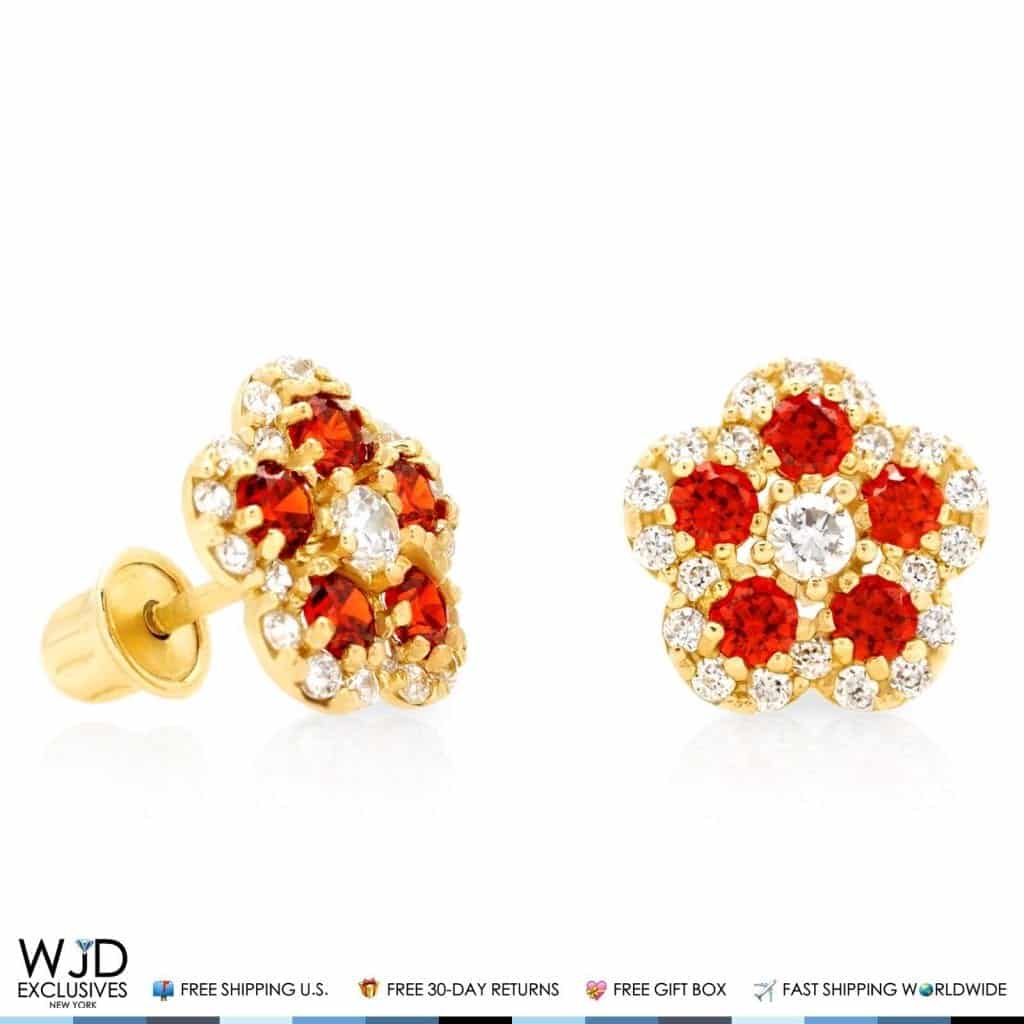 14k Yellow Gold Diamond And Garnet Flower Screwback Stud Earrings 0.50Ct