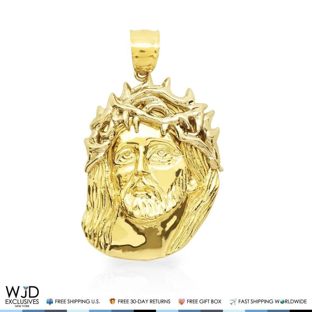 10K Solid Yellow Gold Jesus Face Head Religious Charm Pendant 1.3"