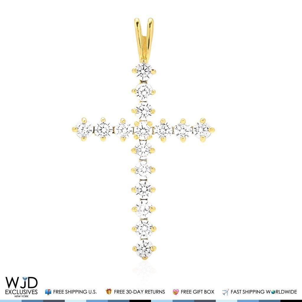 14k Yellow Gold 1.30Ct Round Simulated Diamond Cross Religious Charm Pendant